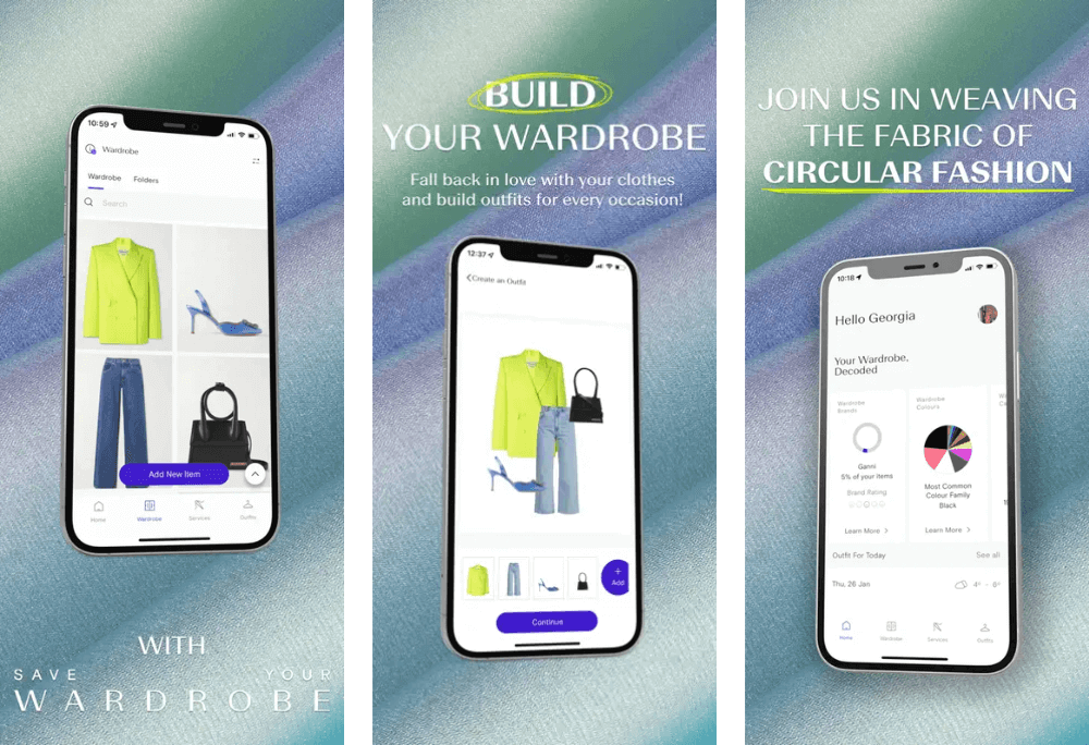 App Save Your Wardrobe para moda sustentável Aplicativo Save Your Wardrobe, focado em moda sustentável para gerenciar o guarda-roupa.