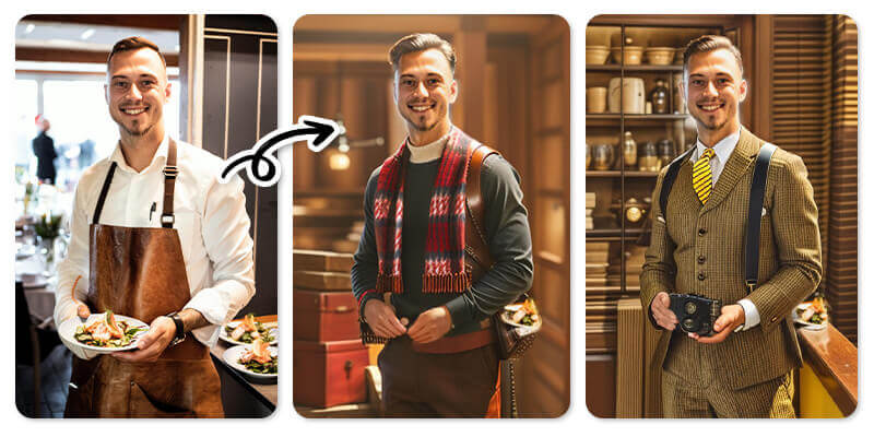 Mulher usando app de IA para montar looks online Mulher usando um app para montar looks online grátis com IA, comparando um look casual e formal.