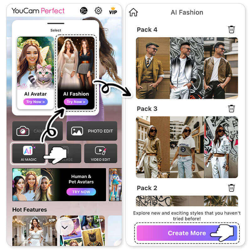 Função Moda IA no YouCam Perfect para montar looks Interface do app YouCam Perfect mostrando como acessar a função Moda IA para montar looks online.