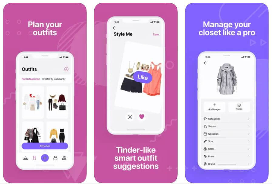 App Pureple, planejador de looks Aplicativo Pureple, um planejador de outfits que organiza seu armário virtual.