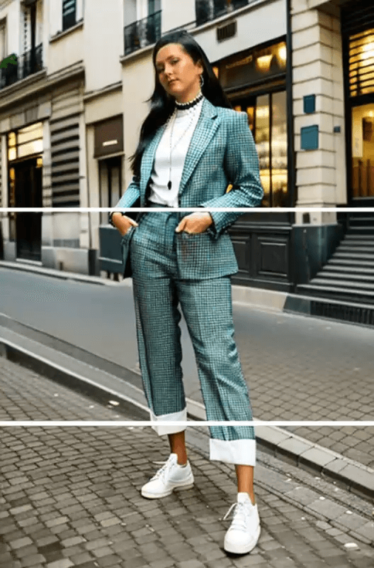 App YouCam Perfect para montar looks com IA Mulher usando o app YouCam Perfect como um editor de roupas para montar looks com IA em sua foto.