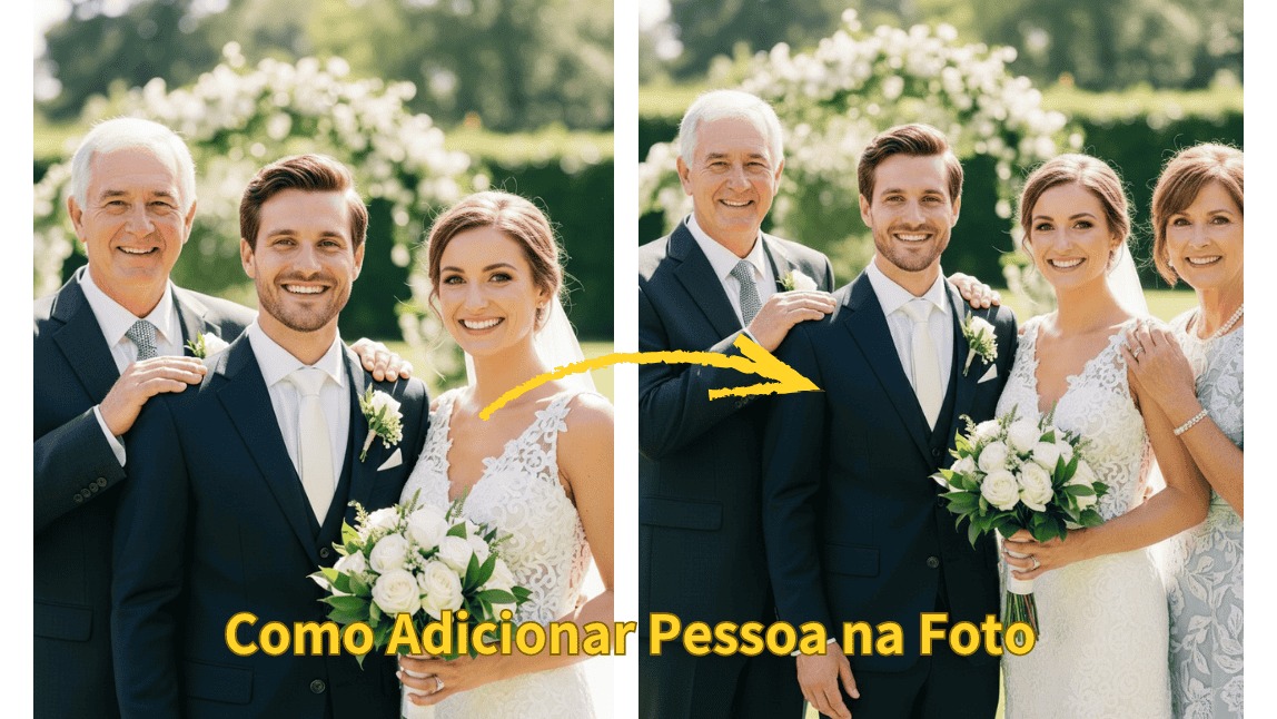 Montagem de foto de casamento mostrando o antes e depois de adicionar uma mãe falecida à imagem ao lado do noivo, da noiva e do pai.