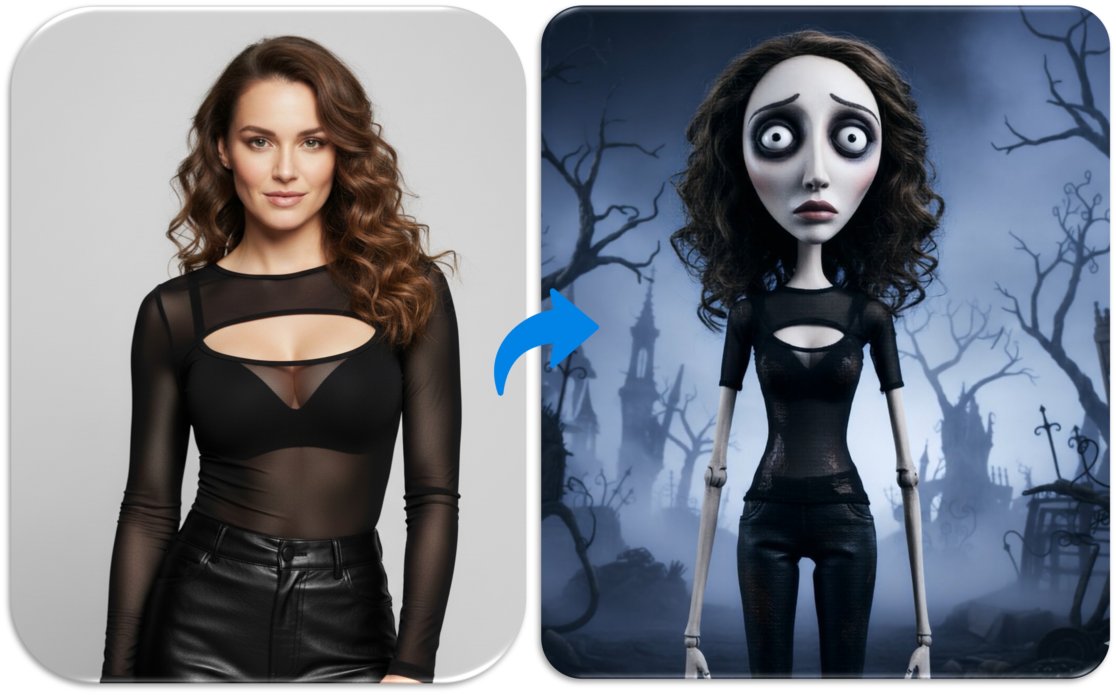Before after image of turning a portrait photo into a Tim Burton style image