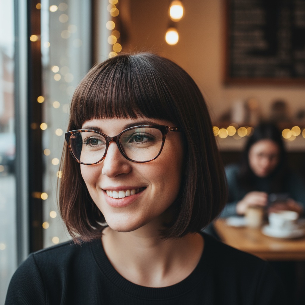 Eine Frau mit French Bob, geradem Pony und einer eleganten Cateye-Brille