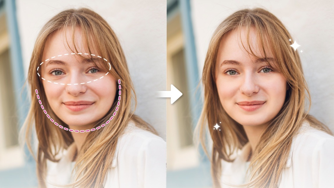 Antes e depois de uma mulher usando um editor de fotos para corrigir a assimetria do rosto e melhorar a simetria facial.