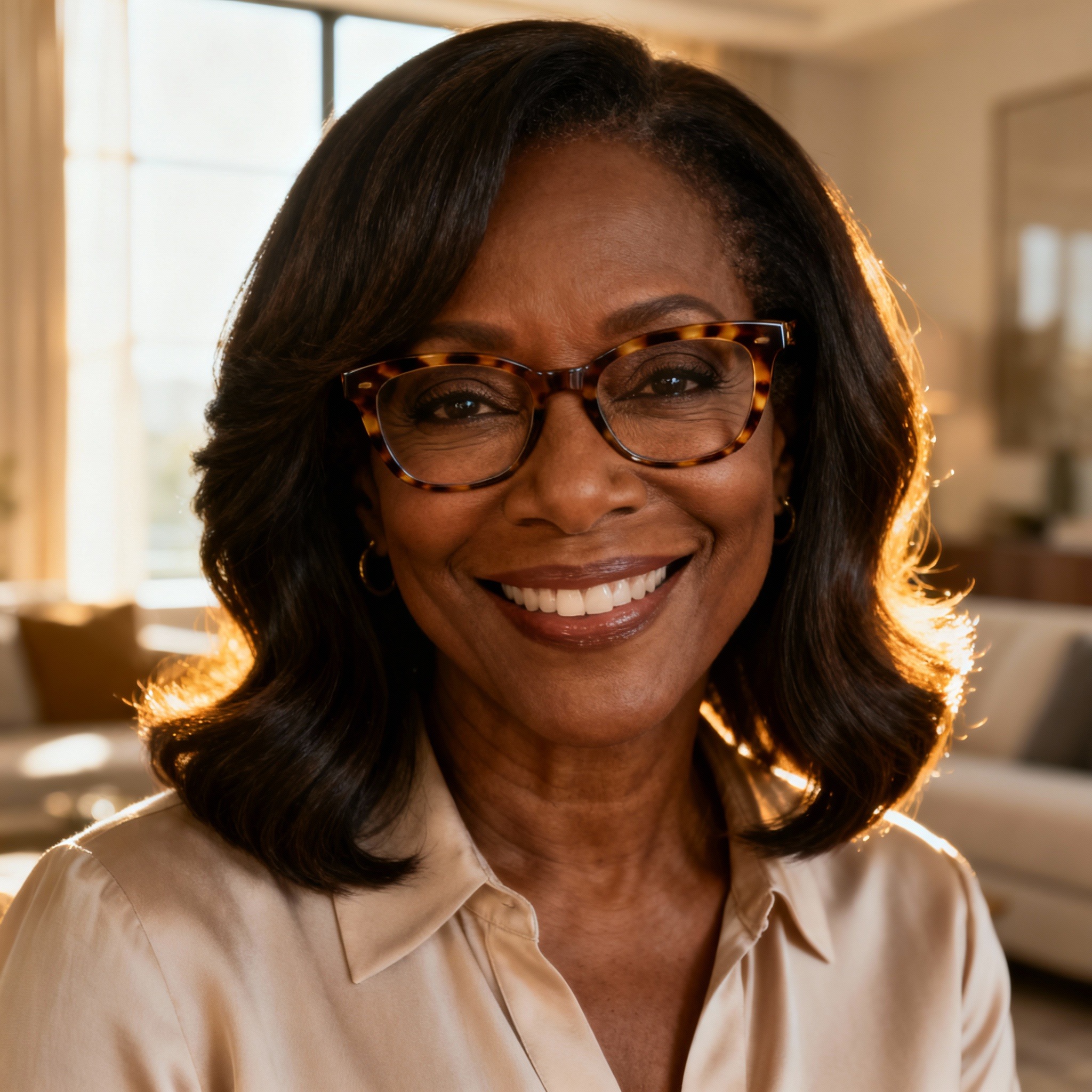 Elegante Frau ab 50 mit einem gestuften Long Bob und einer modernen Brille