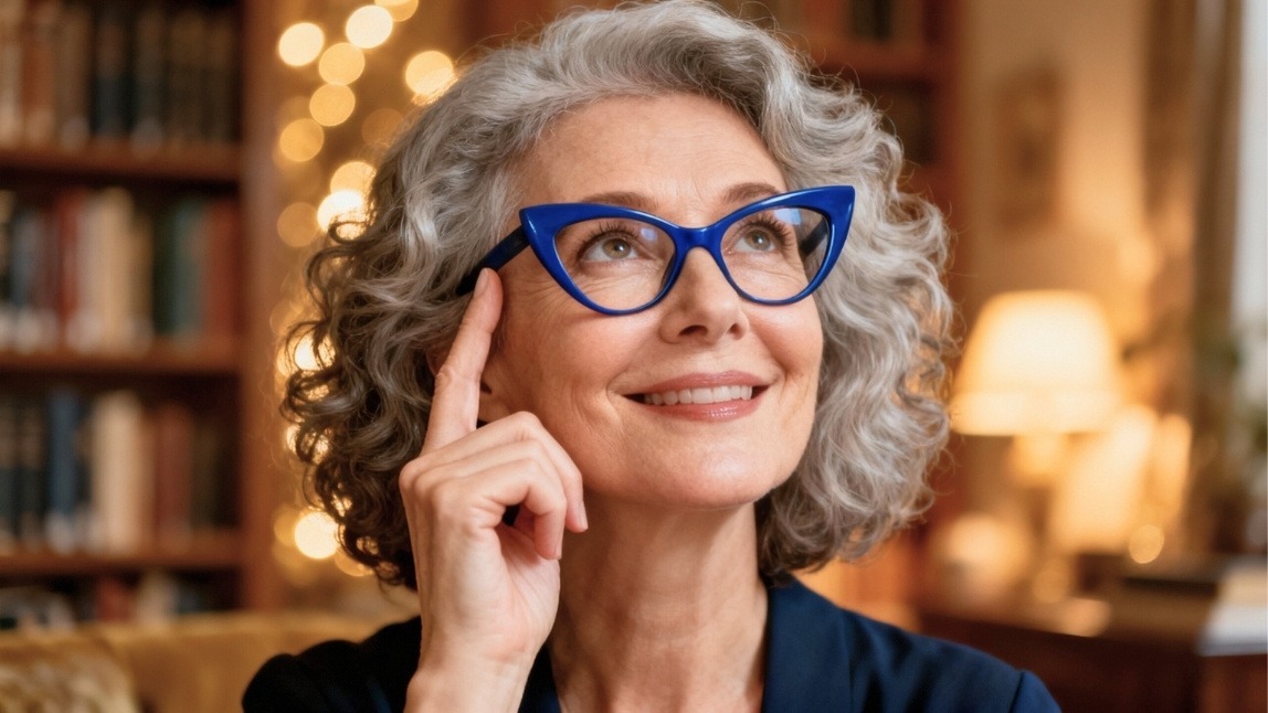 Eine stilvolle Frau ab 50 mit lockigem grauem Haar und markanter blauer Brille in einer nachdenklichen, positiven Pose. Ein perfektes Beispiel für eine Frisur, die mit Brille jünger macht.
