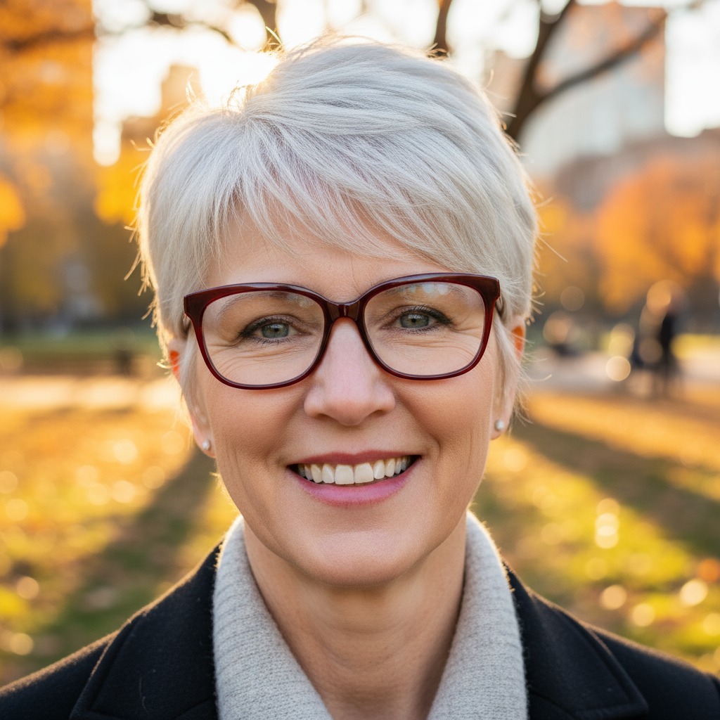 Selbstbewusste Frau über 50 mit einem modernen, frechen Pixie Cut und einer stilvollen Brille