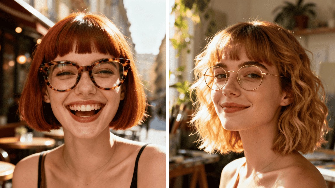 Porträts von zwei Frauen, die Bob-Frisuren mit Pony und Brille tragen