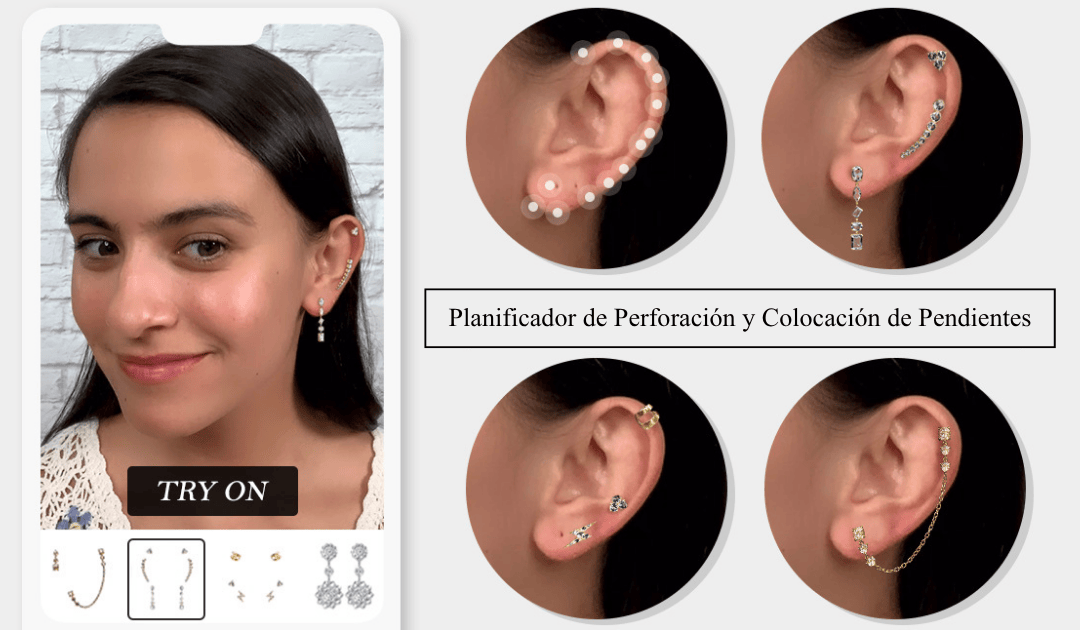 Mujer probando perforaciones múltiples con el probador de piercings virtual. Mujer probando perforaciones múltiples con el probador de piercings virtual.