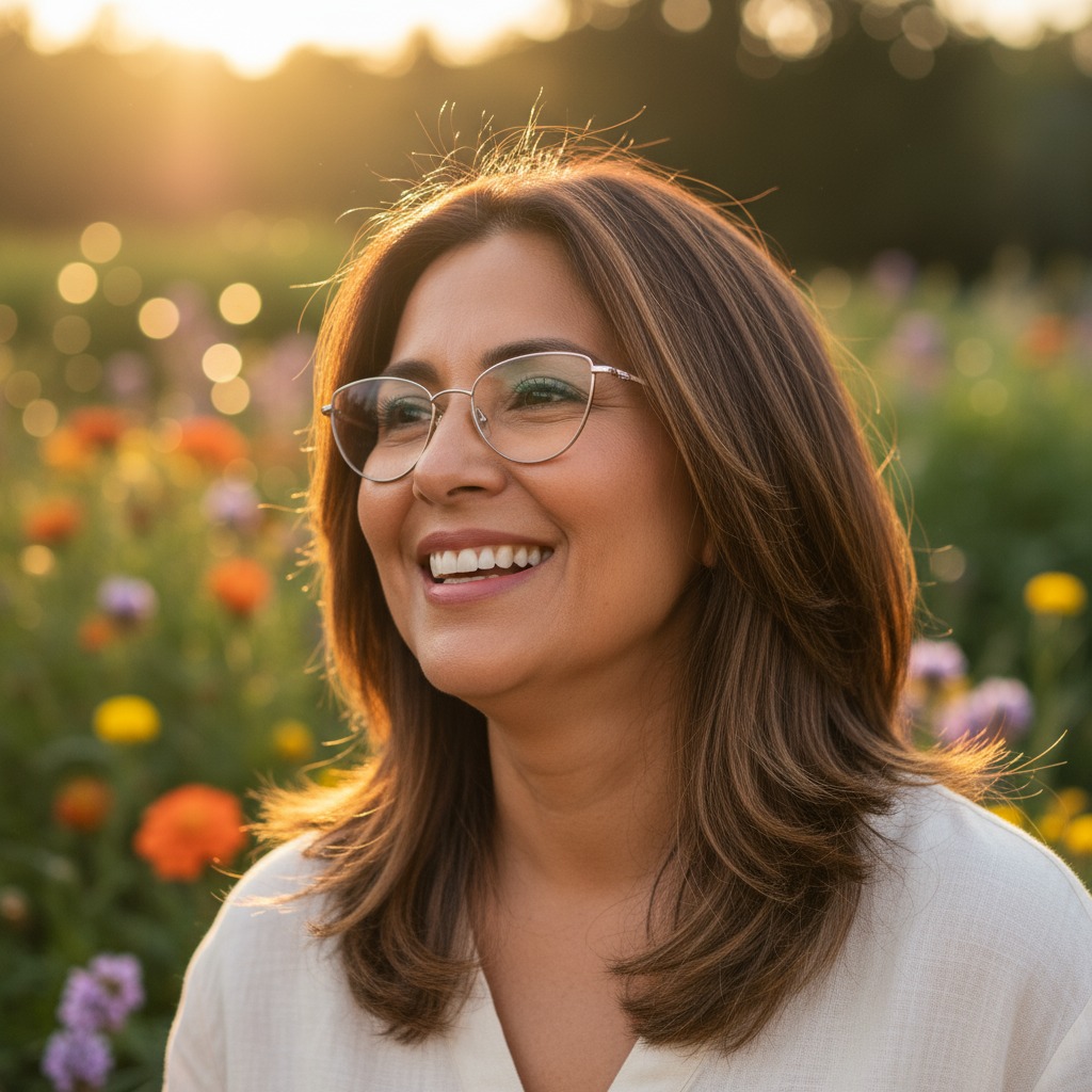 Frau über 50 mit einem sanft gestuften, mittellangen Haarschnitt, der ihr Gesicht umspielt