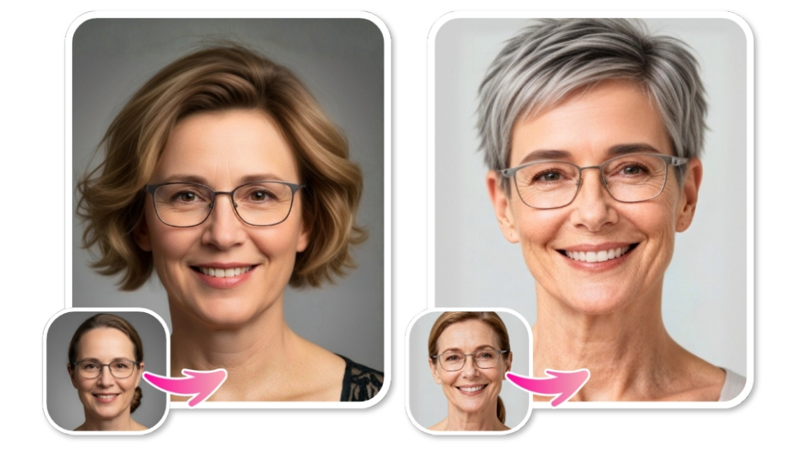 Vorher-Nachher-Beispiele aus dem YouCam Makeup Frisuren-Simulator: Eine Frau testet virtuell einen modernen Bob, eine andere einen frechen Pixie Cut mit silbernen Haaren – beides Frisuren für Frauen ab 50 mit Brille. Vorher-Nachher-Beispiele aus dem YouCam Makeup Frisuren-Simulator: Eine Frau testet virtuell einen modernen Bob, eine andere einen frechen Pixie Cut mit silbernen Haaren – beides Frisuren für Frauen ab 50 mit Brille.