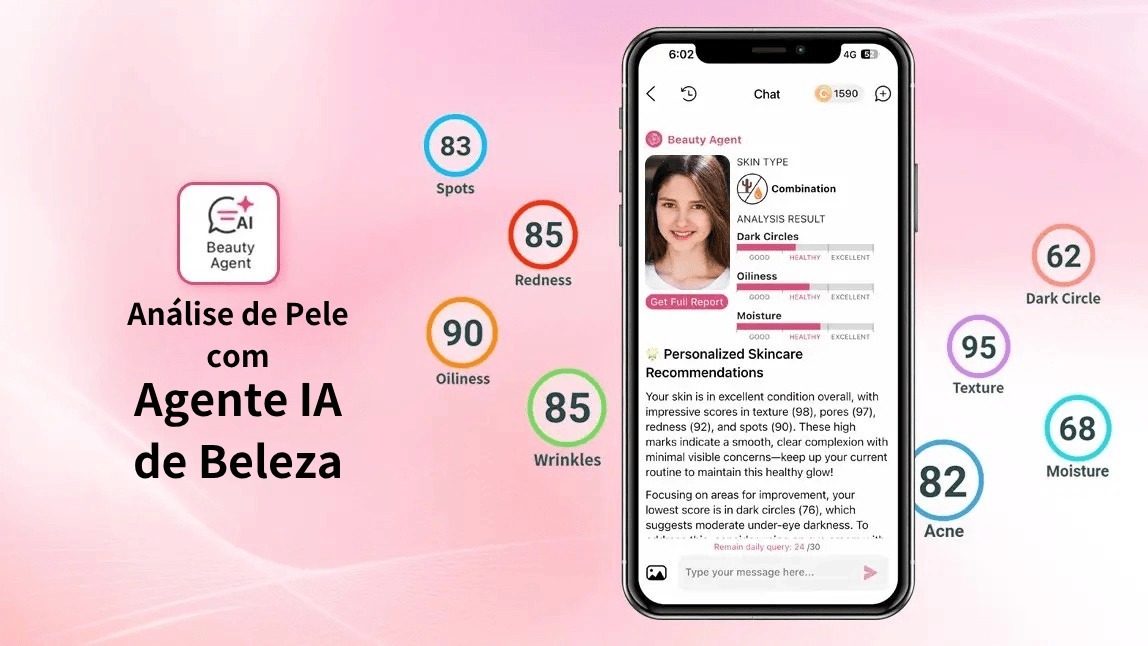 Mulher fazendo uma análise de pele virtual através do aplicativo de maquiagem YouCam Makeup, que mostra os resultados de seu teste de pele e recomendações de um agente de IA.