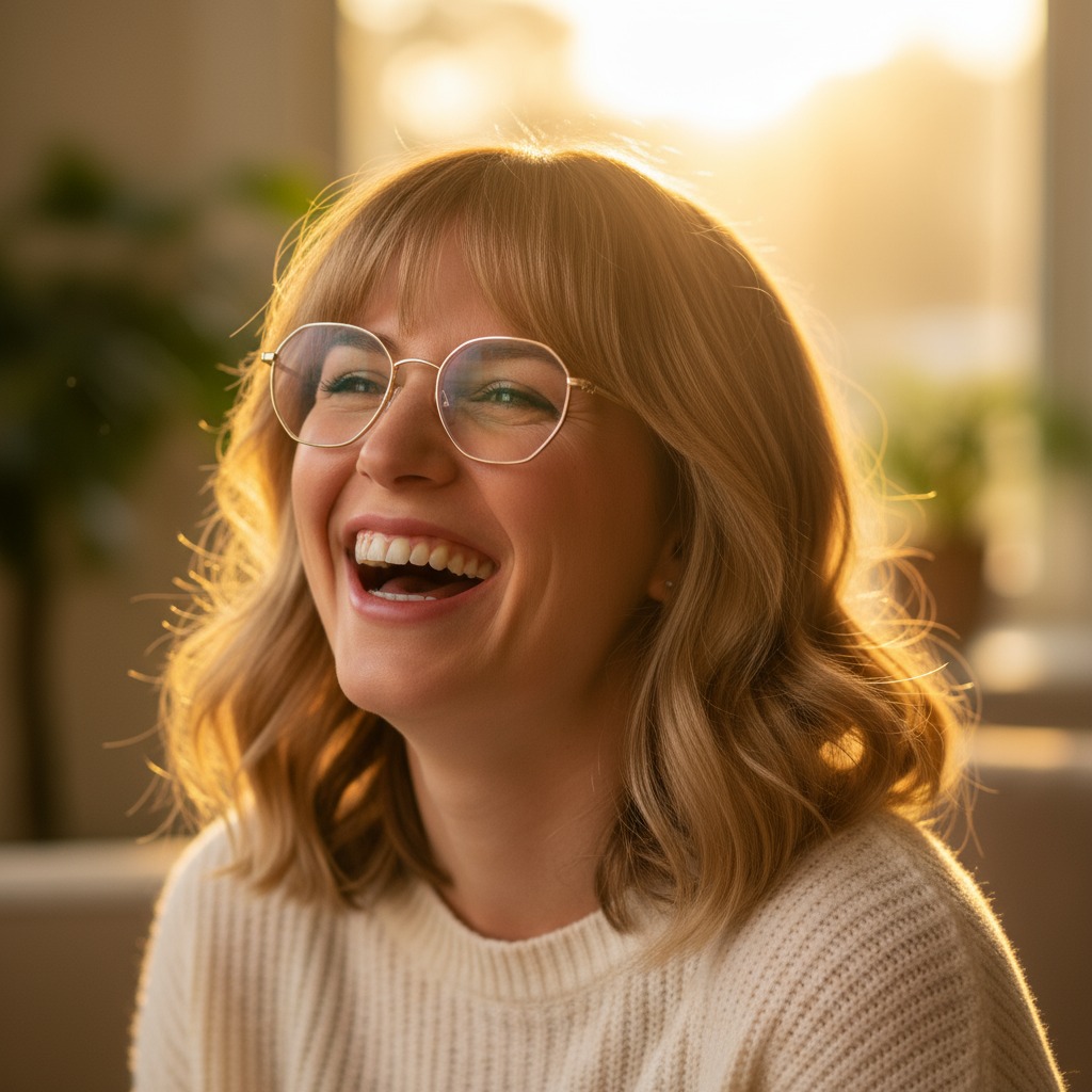 Eine Frau mit schulterlangem Long Bob, seitlichem Pony und einer modernen Brille