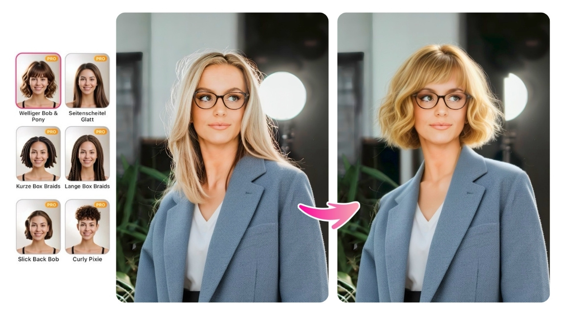 Vorher-Nachher-Ansicht einer blonden Frau mit Brille: Zunächst mit langen Haaren und später mit welligem Bob und Pony