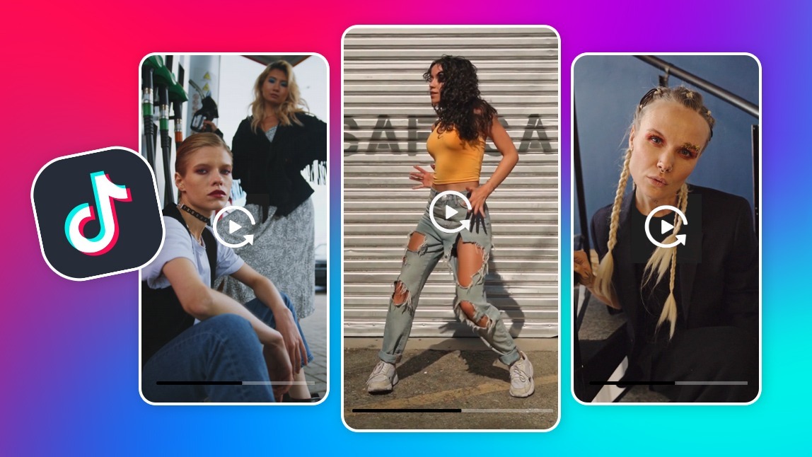 Montagem de três vídeos do TikTok com o logo do aplicativo sobreposto, ilustrando o efeito reverso para criar conteúdo viral.