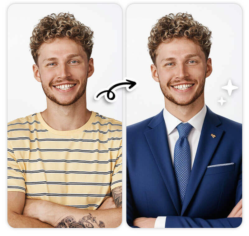 Edição de foto com terno Homem sorrindo usando o app YouCam Perfect para colocar terno em foto com IA e criar um look profissional.