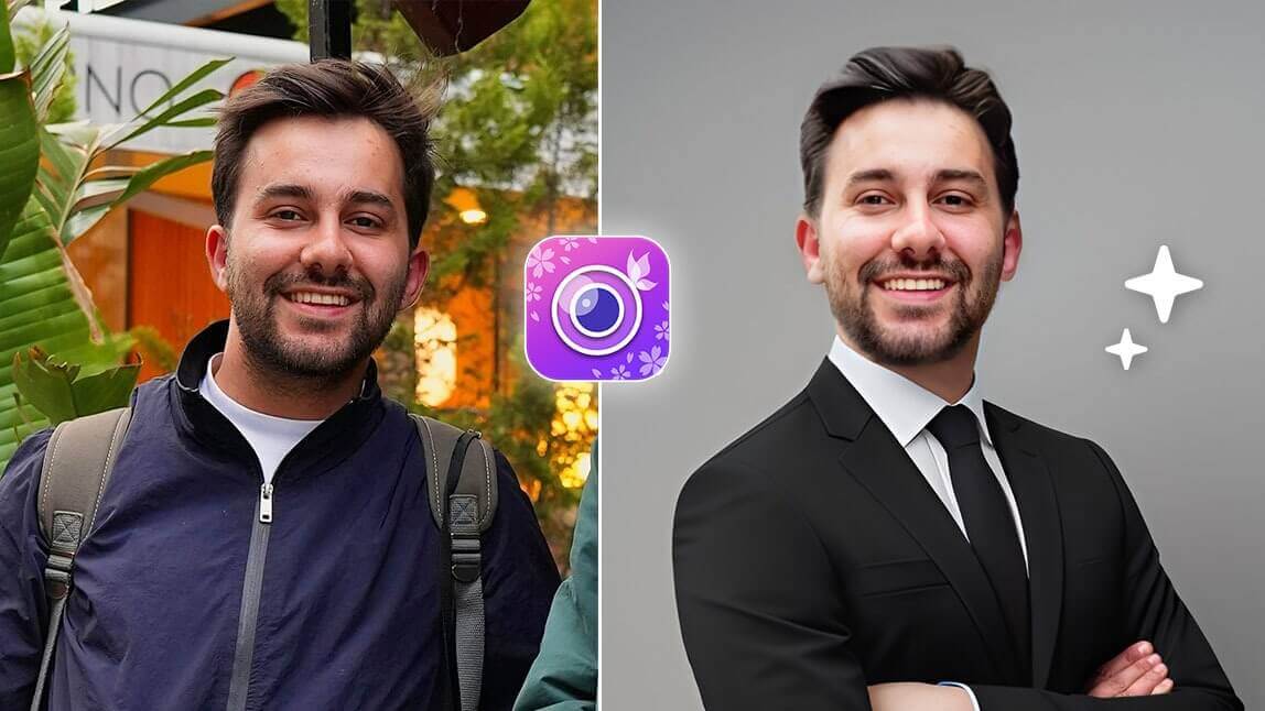 Antes e depois de um homem usando o app YouCam Perfect para colocar um terno preto em sua foto, transformando uma imagem casual em uma foto de perfil profissional.