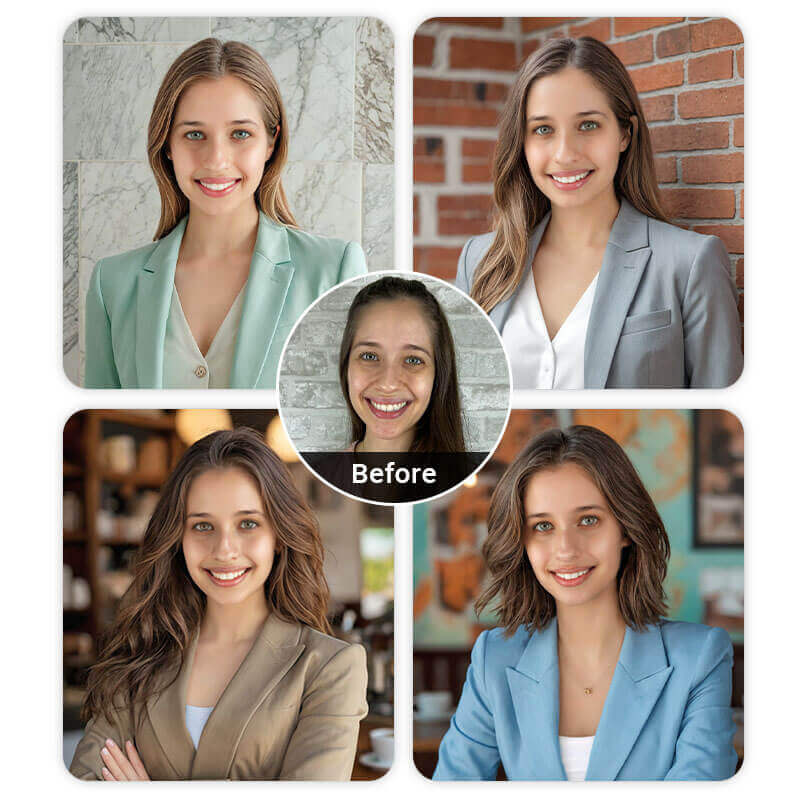 Adicione blazer em fotos com o YouCam Perfect Antes e depois de uma mulher usando o app para colocar um blazer azul em sua foto 3x4.