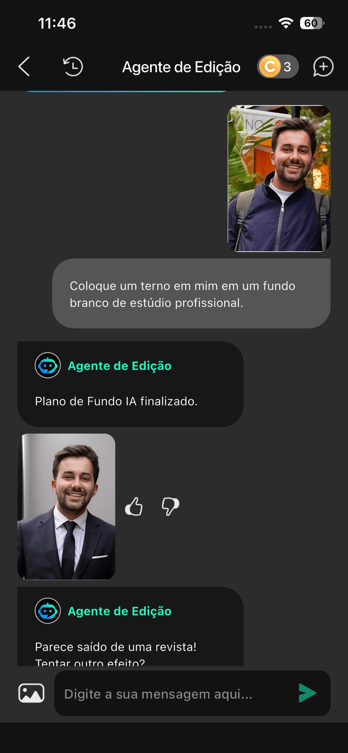 Interface do Agente de Edição com IA do app YouCam Perfect, mostrando como um usuário pode pedir para "colocar um terno" e receber uma foto profissional com fundo de estúdio.
