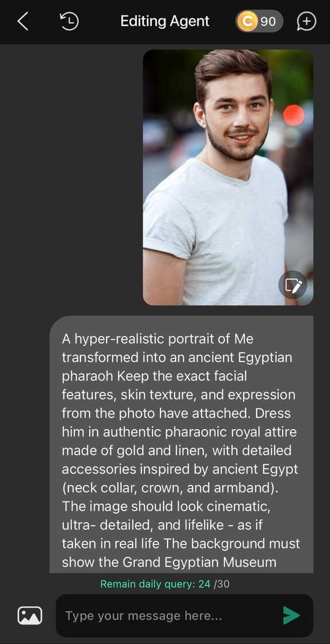 Screenshot des 'Editing Agent' in YouCam Perfect mit einem detaillierten Text-Prompt zur Erstellung eines Pharao-Porträts.