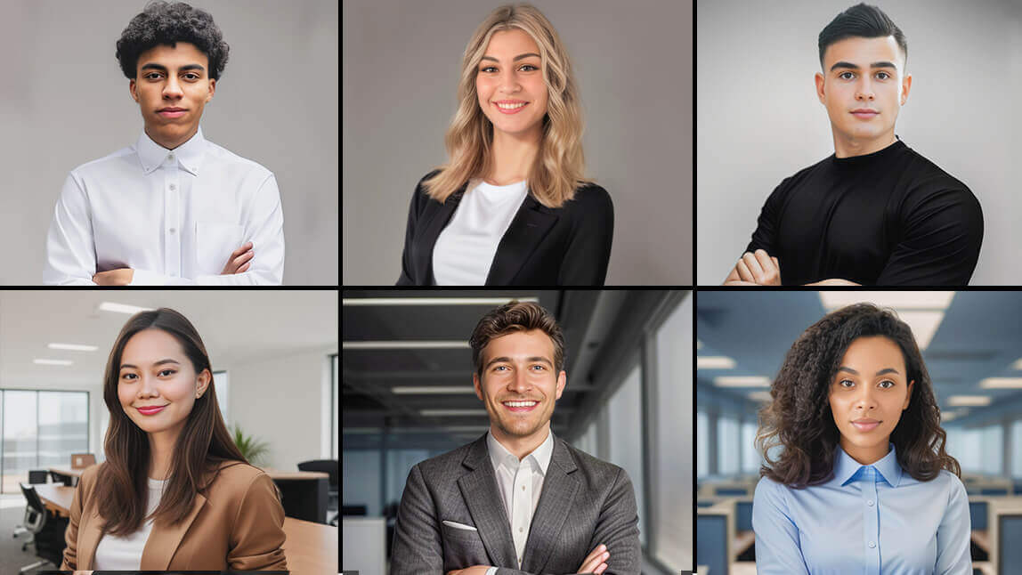 Resultados gerados com filtros de foto profissional Comparativo de fotos profissionais com terno geradas pela IA do YouCam Perfect.