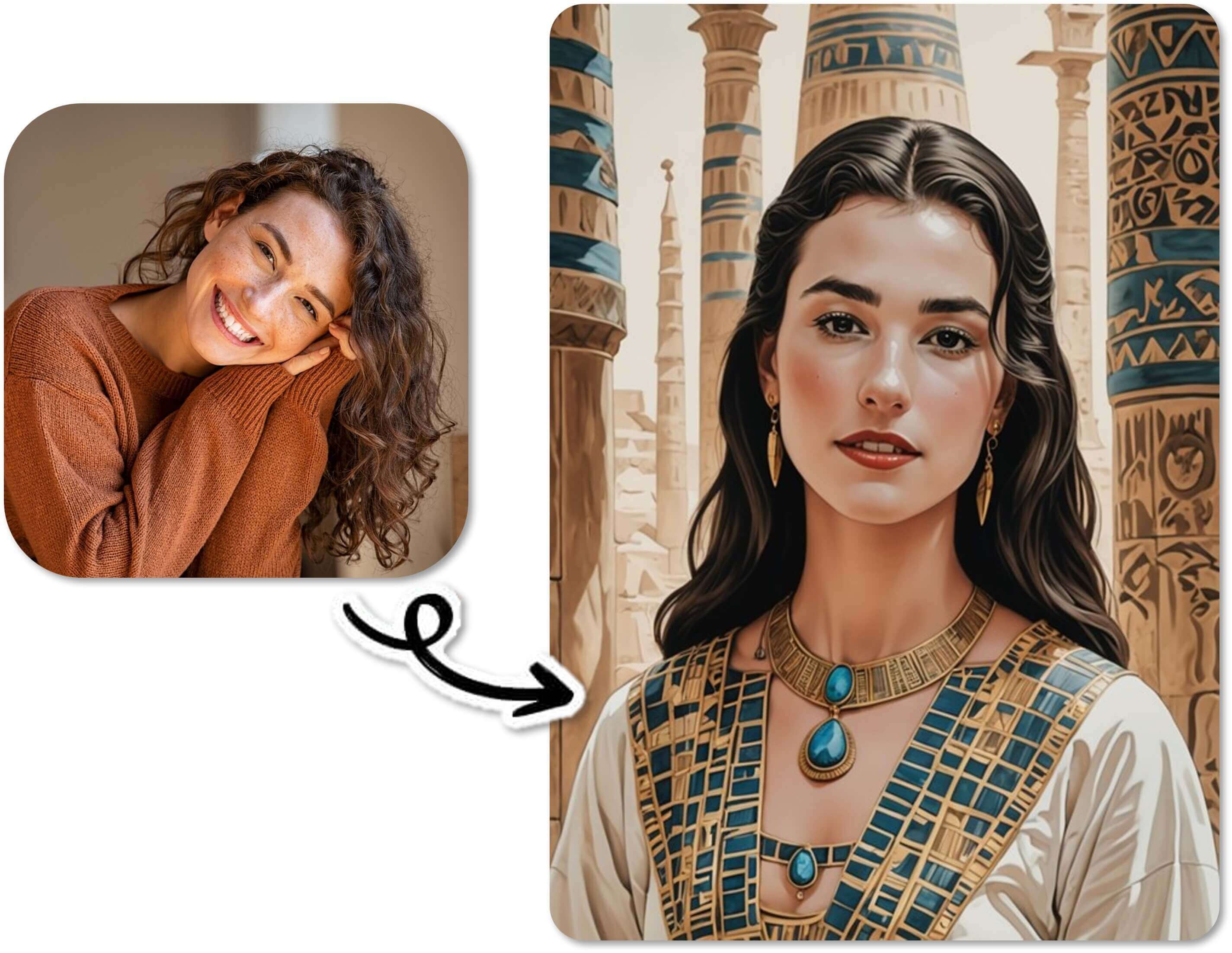 Vorher-Nachher-Vergleich, bei dem das Foto einer Frau in einen KI-Avatar im ägyptischen Stil verwandelt wird.