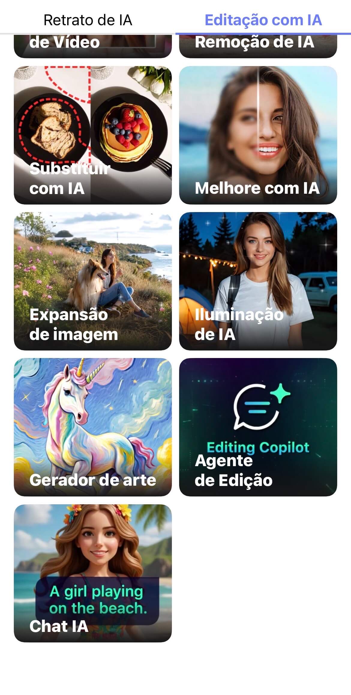 Tela de "Edição com IA" do aplicativo YouCam Perfect, exibindo várias ferramentas como "Remoção de IA", "Melhore com IA" e o "Editing Copilot Agente de Edição".