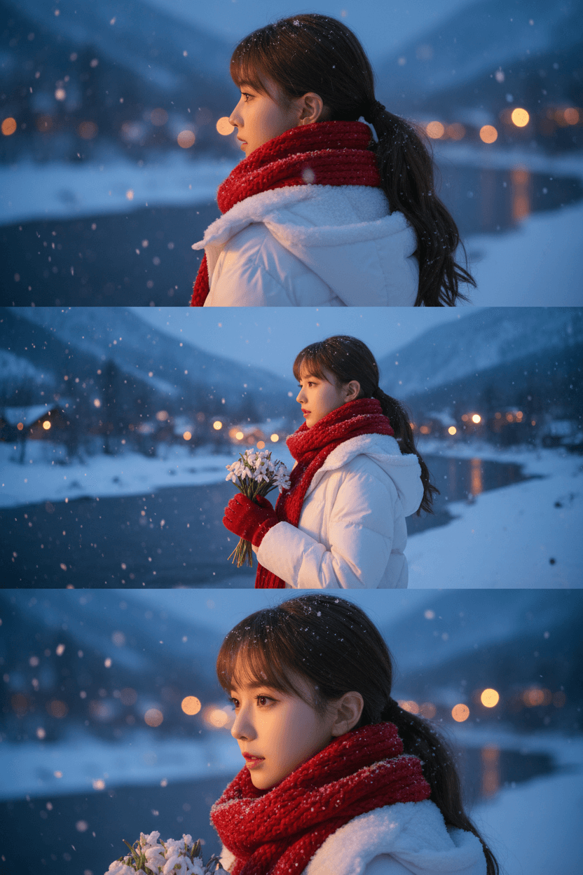 雪中夜景三宮格照片 AI雪景照片-AI下雪照片生成教學