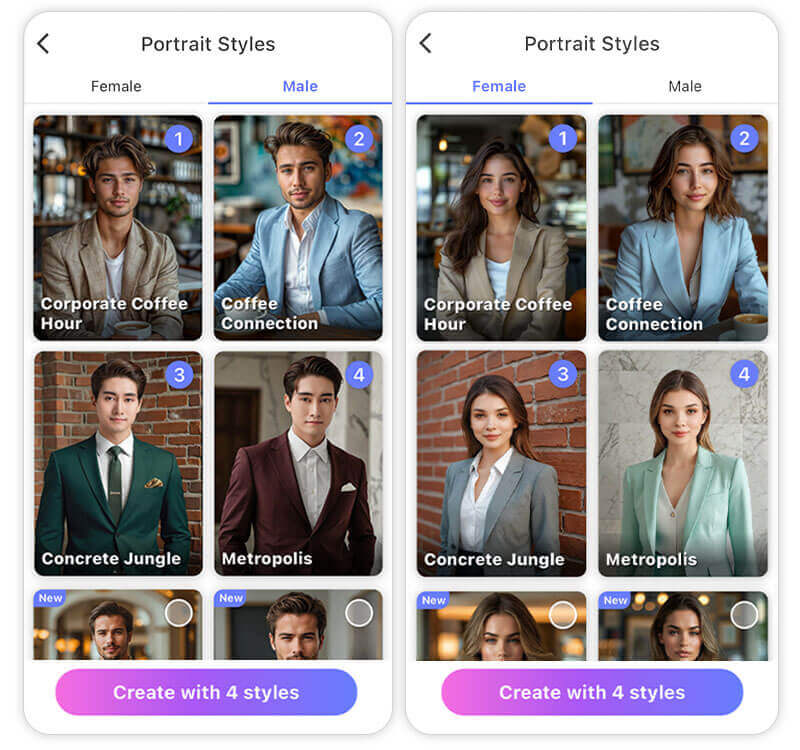 O Portrait Avatar com IA oferece muitas opções de ternos para homens e mulheres Exemplos de ternos e blazers gerados por IA para fotos profissionais de homens e mulheres.