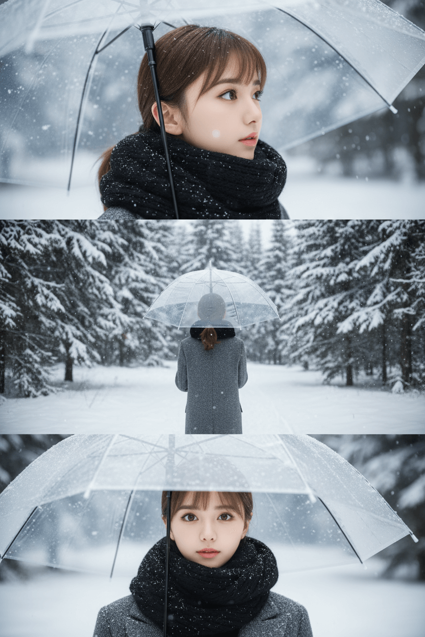 雪中撐傘三格雪地照 AI雪景照片-AI下雪照片生成教學