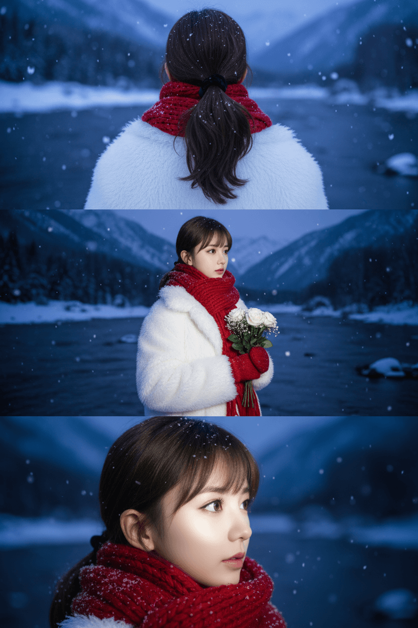 雪中夜景三宮格照片 AI雪景照片-AI下雪照片生成教學