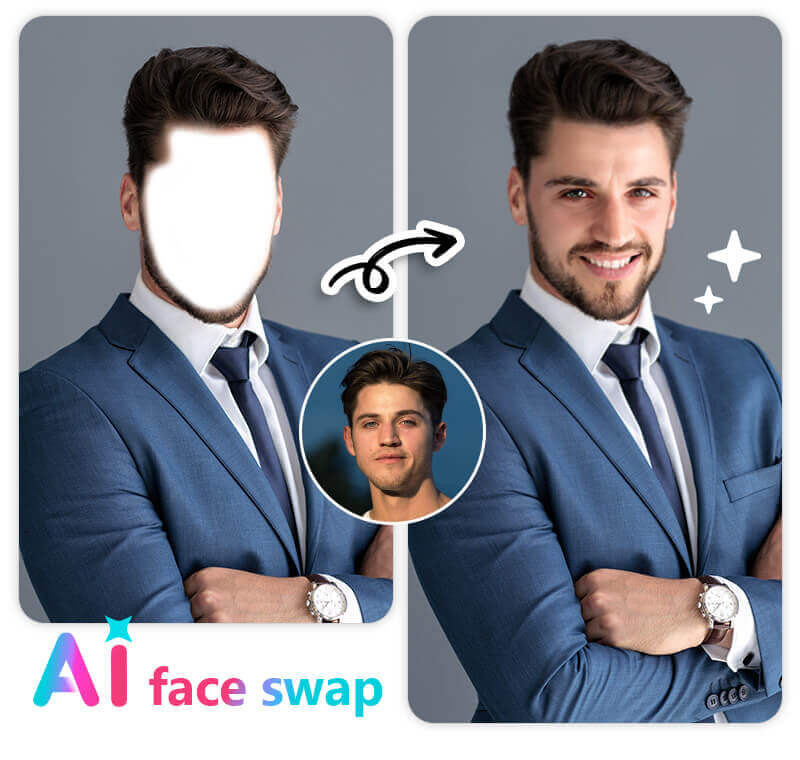 Editor de fotos de roupas formais Exemplo de como colocar terno em foto usando a ferramenta de troca de rosto com IA.