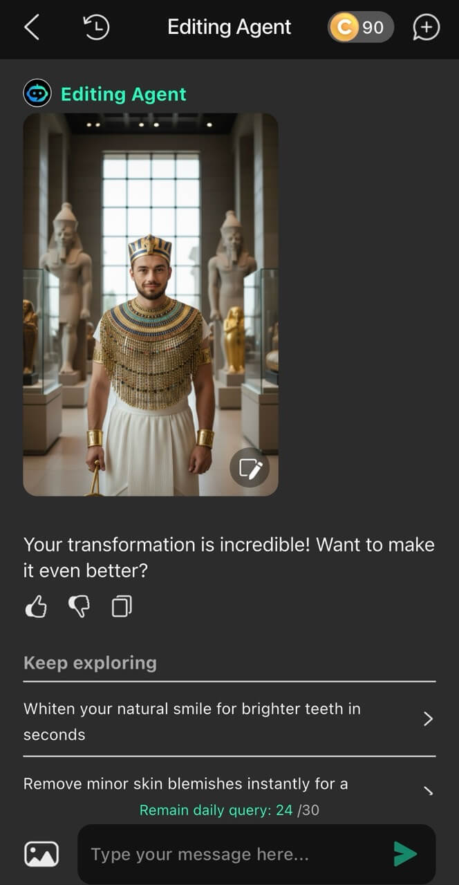 Das KI-Ergebnis des 'Editing Agent': Ein Mann wurde erfolgreich in einen Pharao in einem Museum verwandelt.