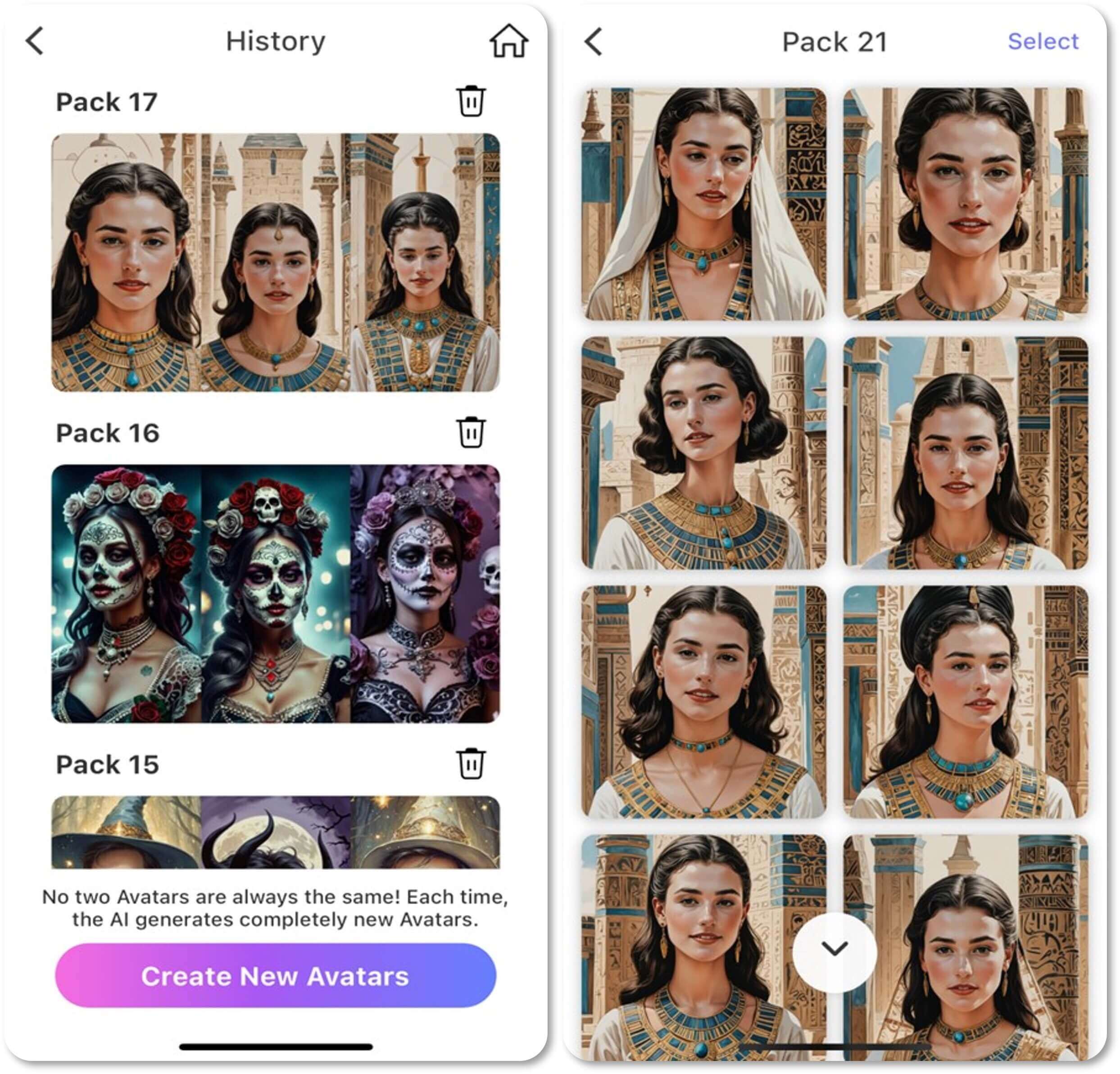 "Screenshot der YouCam Perfect App, der verschiedene mit KI erstellte Avatar-Packs zeigt, darunter mehrere im Ägypten-Stil.