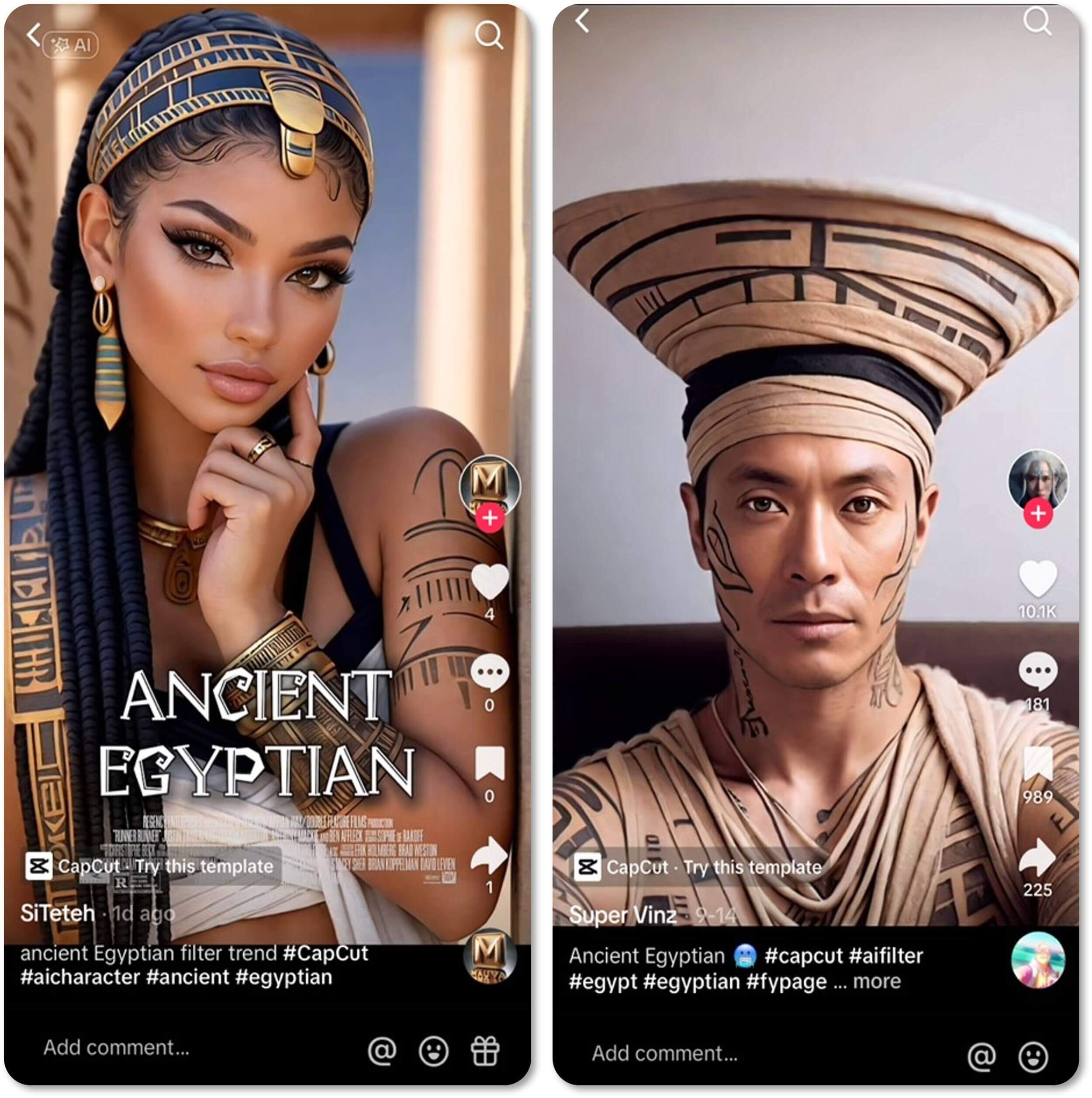 Egypt Filter Zwei Beispiele des viralen Ägypten-Filter-Trends auf TikTok, die Frauen und Männer in antiken Looks zeigen.