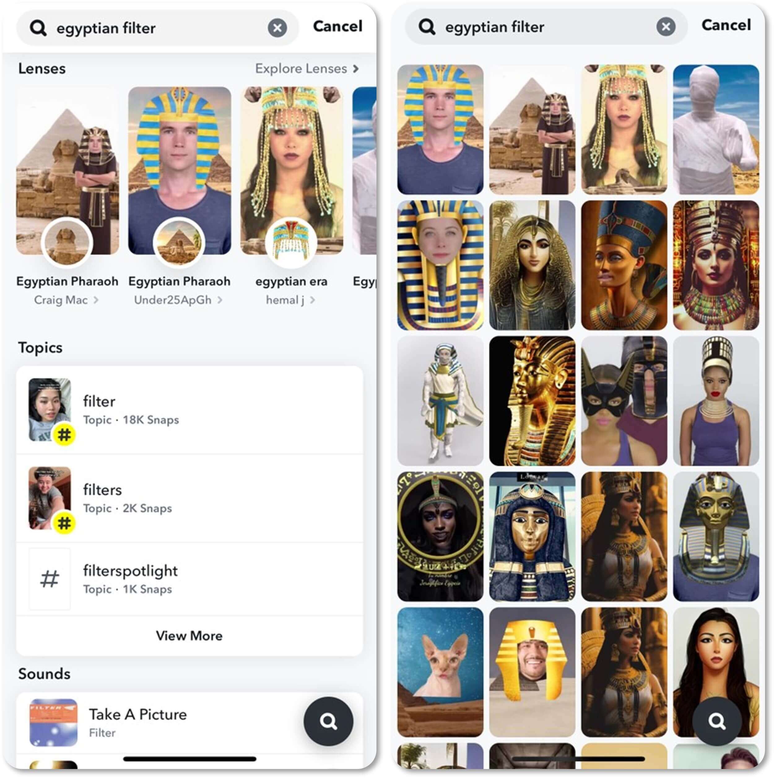 Egypt Filter auf Snapchat Suche nach dem 'Egyptian Filter' in der Snapchat-App, die verschiedene Linsen für Pharao- und Kleopatra-Looks anzeigt.