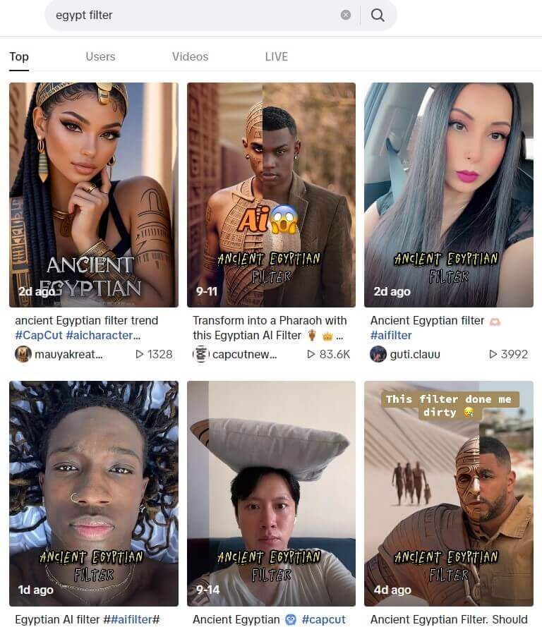 Ägypten-Filter Screenshot von TikTok, der den viralen Trend des 'Ancient Egyptian Filter' mit verschiedenen KI-generierten Videos von Nutzern zeigt.