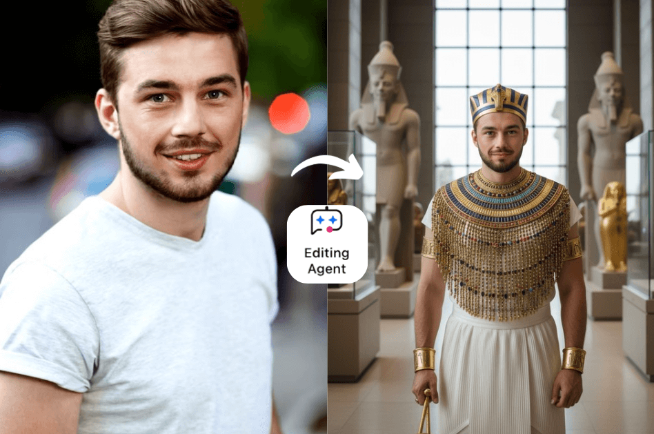 Ägypten-Filter Vorher-Nachher-Bild, das zeigt, wie der 'Editing Agent' einen Mann in einen ägyptischen Pharao im Großen Ägyptischen Museum verwandelt.