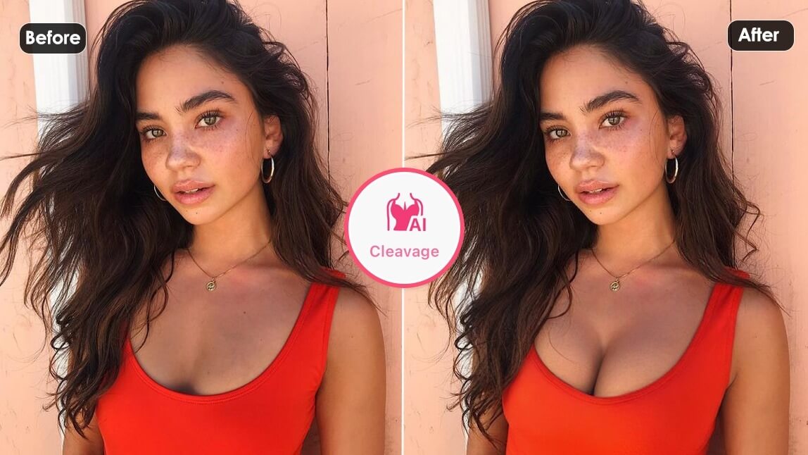 Antes e depois de uma mulher usando o editor de decote com IA para aumentar os seios e valorizar o colo em sua foto.