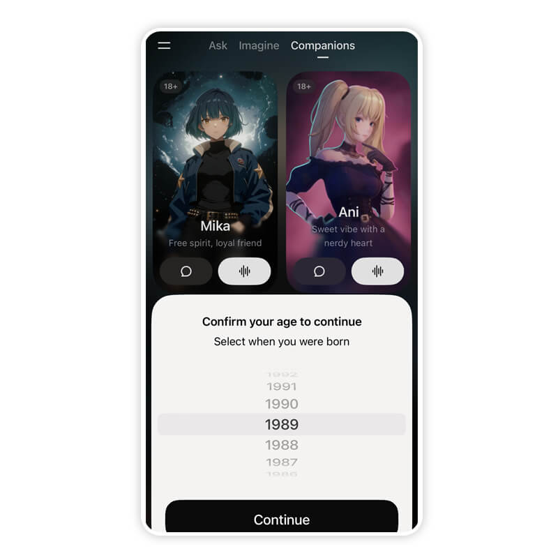 Auswahl der KI-Begleiter Grok Mika und Ani in der Grok-App mit der Altersüberprüfung im Vordergrund.