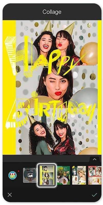 A bright birthday collage template featuring friends celebrating with gold balloons, party hats, and bold yellow “Happy Birthday” text, shown in YouCam Perfect photo collage editor interface. A bright birthday collage template featuring friends celebrating with gold balloons, party hats, and bold yellow “Happy Birthday” text, shown in YouCam Perfect photo collage editor interface.
