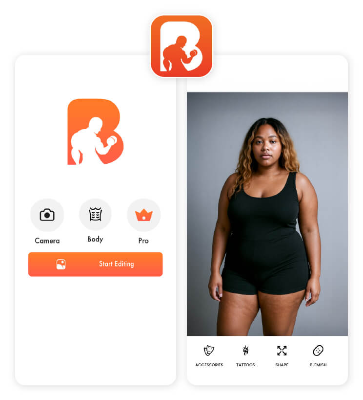 Exemplo de edição corporal com o aplicativo Perfect Body Shape Editor.