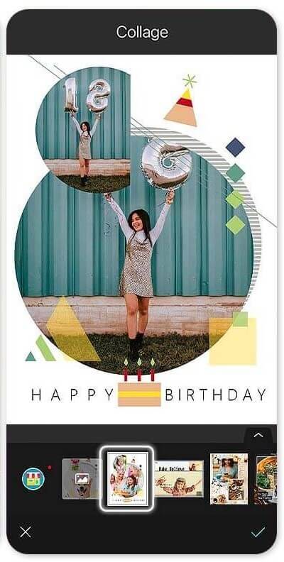 A birthday collage template featuring a girl holding “18” balloons with modern geometric shapes and “Happy Birthday” text, shown in a collage editing interface. A birthday collage template featuring a girl holding “18” balloons with modern geometric shapes and “Happy Birthday” text, shown in a collage editing interface.