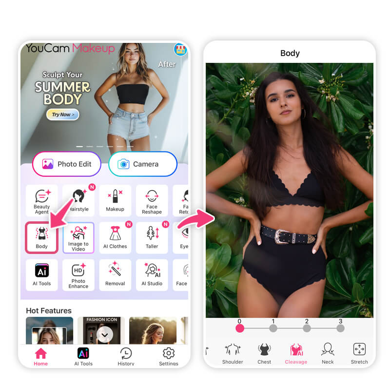 Clique na função 'Corpo' e escolha a ferramenta 'Decote IA' para editar sua foto no YouCam Makeup.