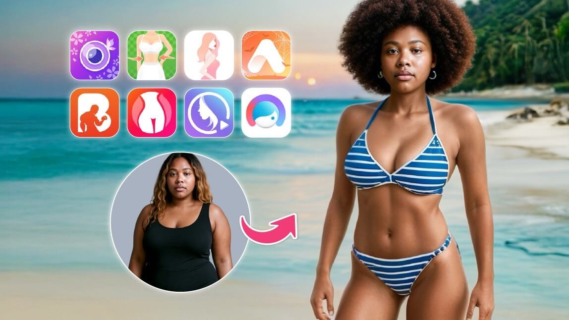 Mulher mostrando o antes e depois da edição corporal feita com um aplicativo para emagrecer em fotos, com ícones de outros apps de edição ao fundo.