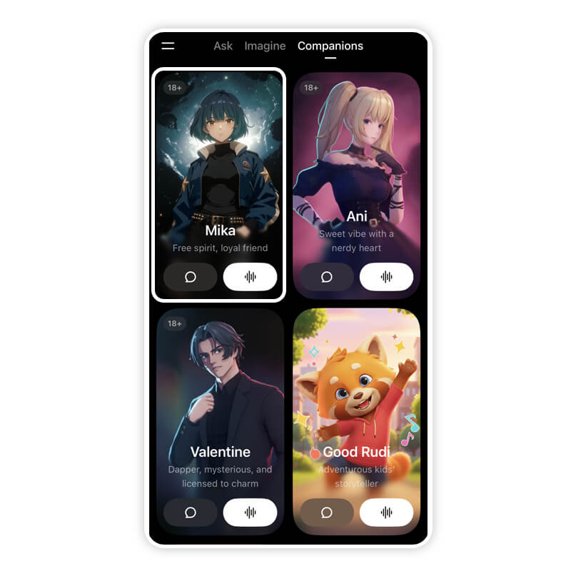 Übersicht aller vier Grok Companions in der App: Die KI-Begleiter Mika, Ani, Valentine und Good Rudi.