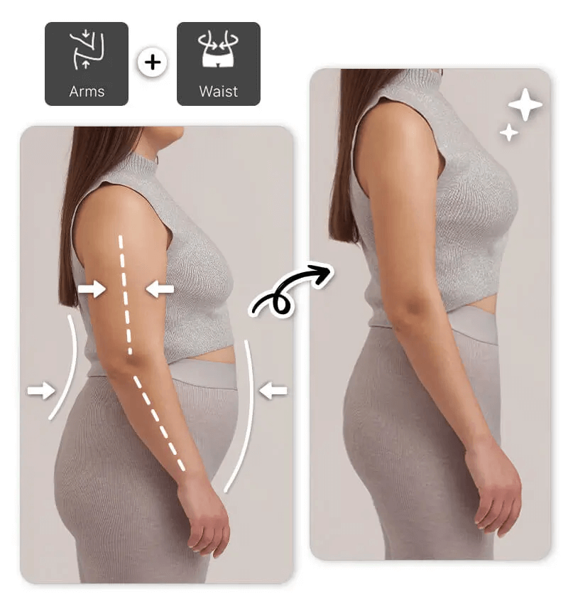 Interface do YouCam Perfect mostrando os controles deslizantes para editar o corpo em uma foto.