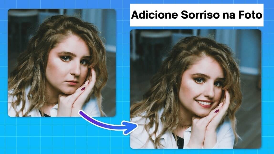 Antes e depois de uma mulher usando o editor de fotos para colocar um sorriso no rosto com inteligência artificial.