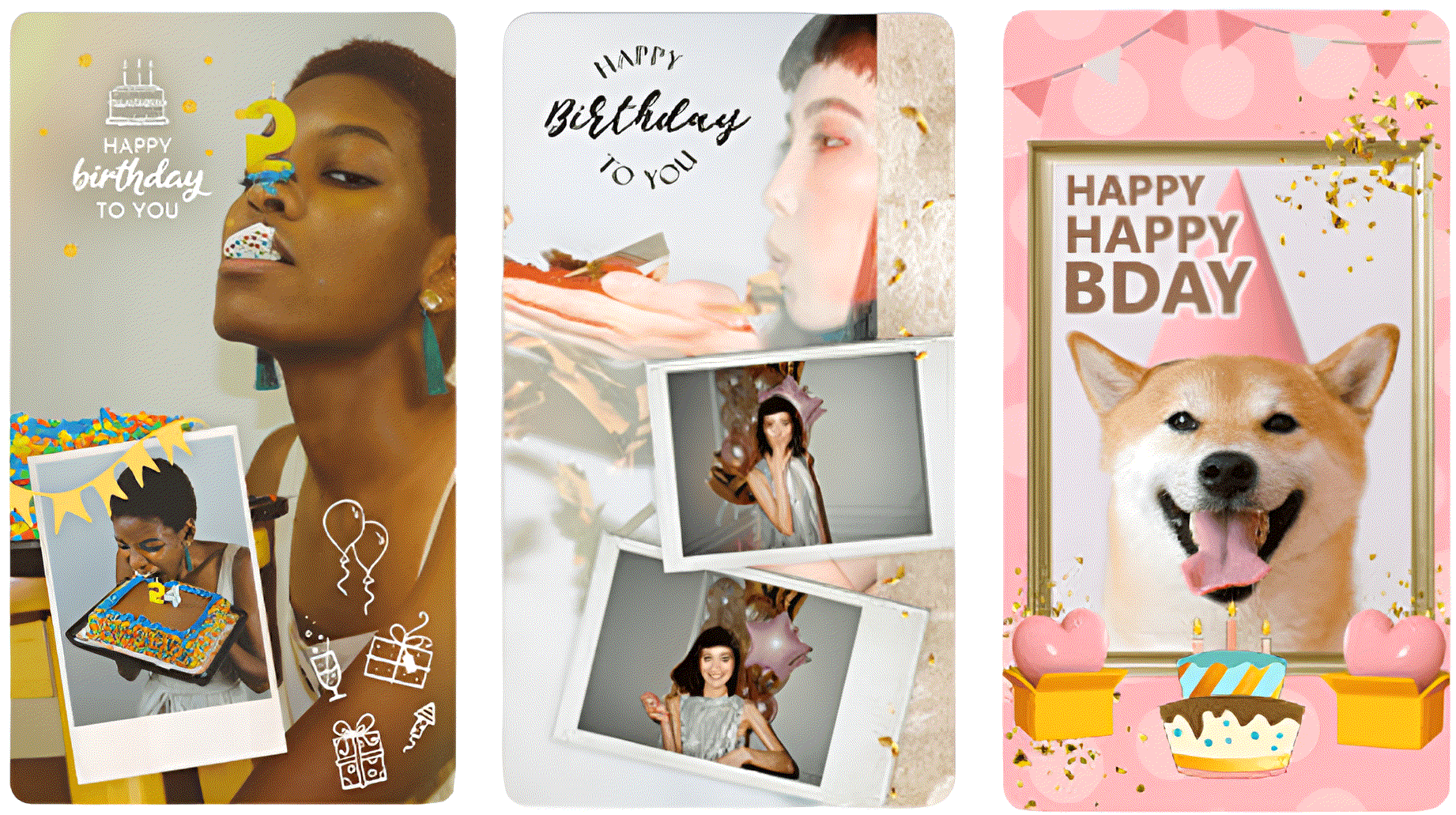 Three Instagram birthday story templates in 9:16 format: a playful cake collage, an elegant minimalist design, and a cute pink layout featuring a smiling dog with a birthday hat. Three Instagram birthday story templates in 9:16 format: a playful cake collage, an elegant minimalist design, and a cute pink layout featuring a smiling dog with a birthday hat.